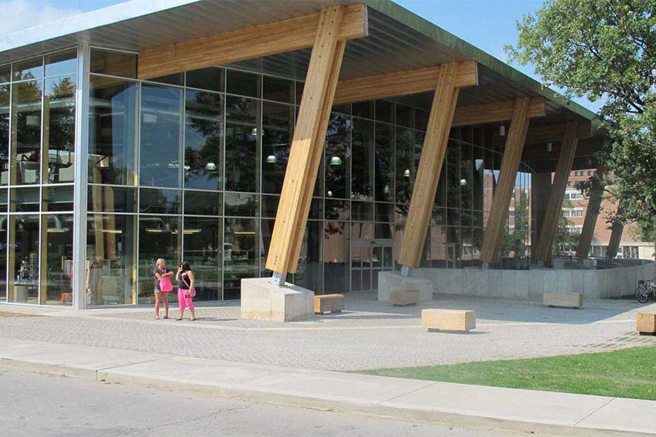 Exterior view of a dining hall inside a university